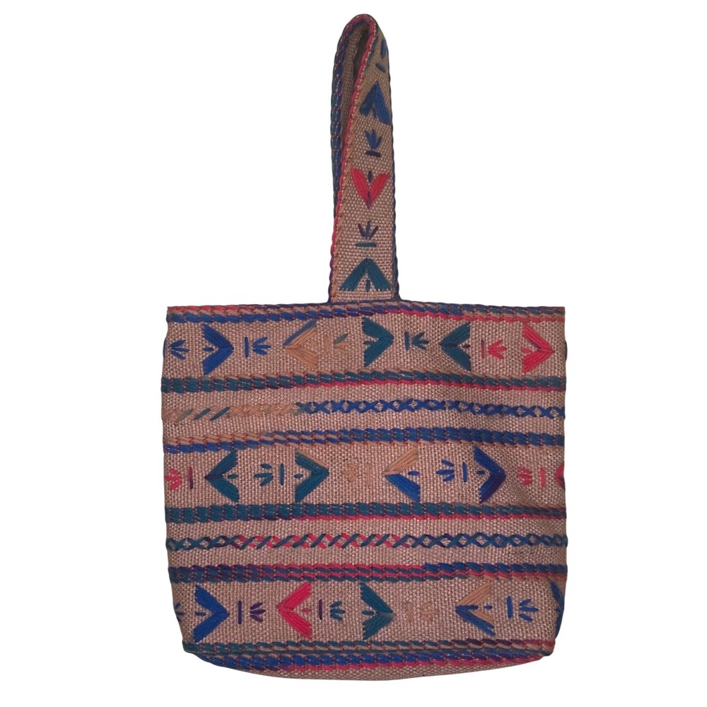 Vintage Woven Boho Embroidered Tote Bag Geometric Burlap Handbag Brown Multi
